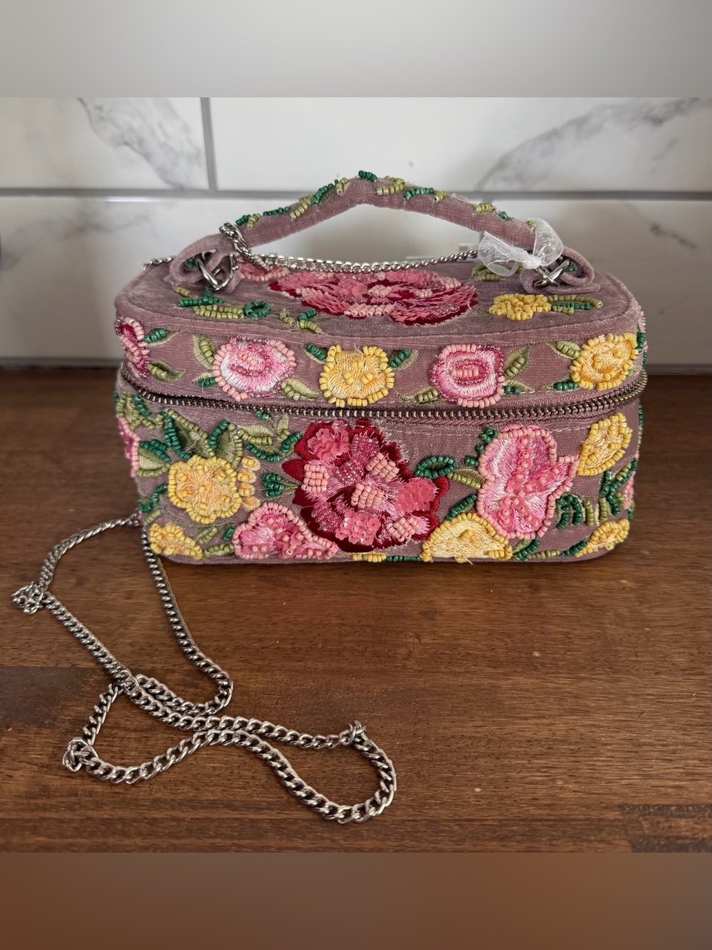 Hand Beaded & Embroidered Floral Velvet Bag in Mauve with Silver Chain